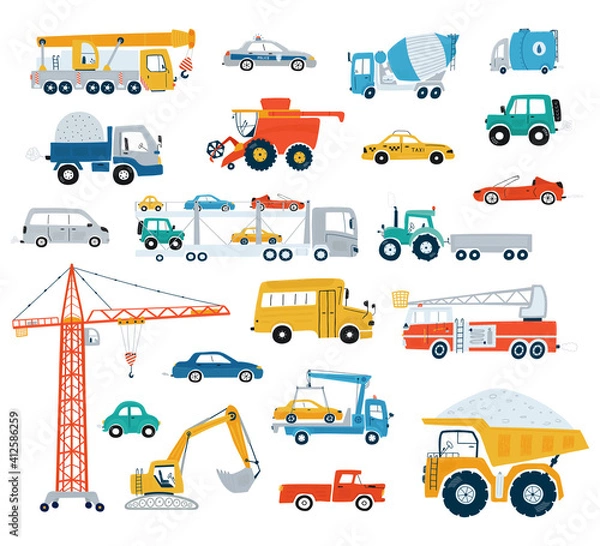Obraz Collection of cars and construction vehicles. Cute cars for kids in flat style on white background. Icons in hand drawn style for design of children's rooms, clothing, textiles. Vector illustration