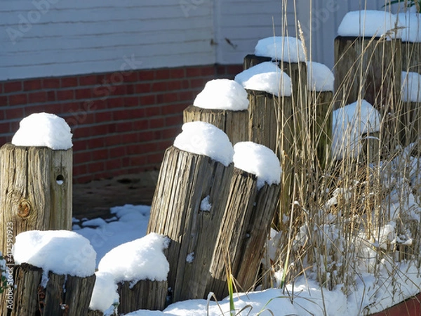 Obraz Holzpfähle mit Schneehaube