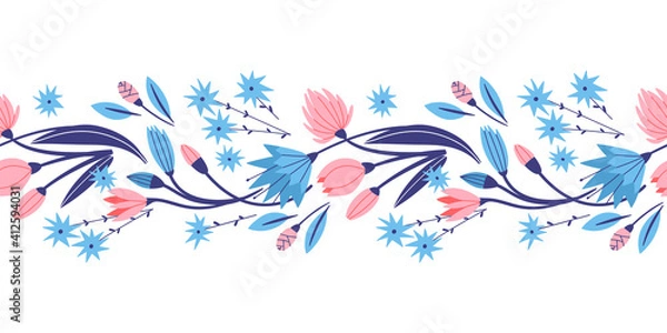 Fototapeta Seamless pattern of tulip, rose, aster, and other colorful flowers. Hand drawn illustration in doodle style. Isolated in white background for fabric, wallpaper and another print design.