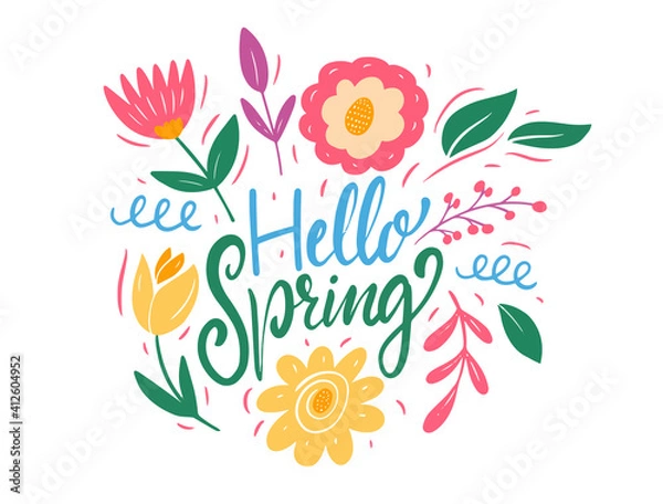 Fototapeta Hello Spring lettering and colorful flowers. Flat style vector illustration.