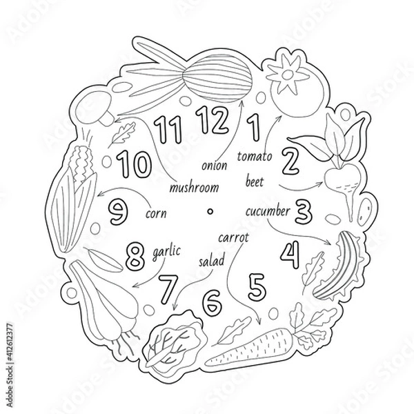 Fototapeta Coloring black and white. Watch for engraving. Vegetables.