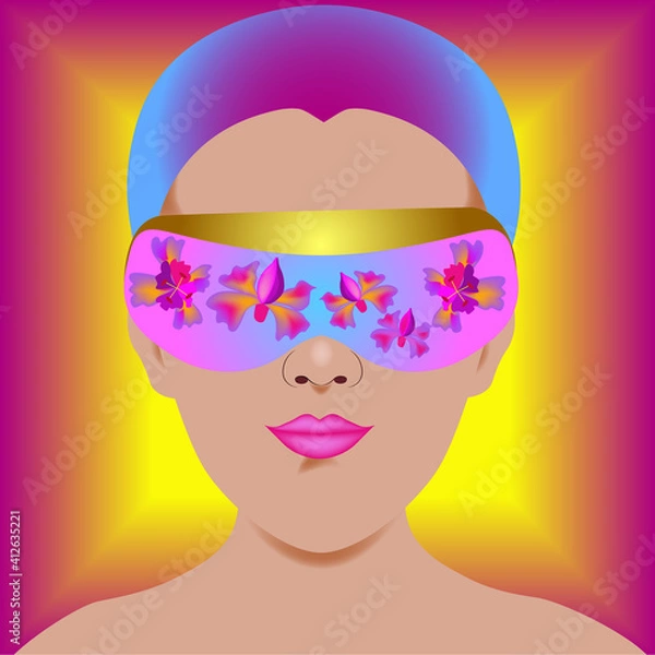 Obraz Woman wearing virtual or augmented reality glasses. Abstract vr world with flowers and background glowing effect. Bright neon colors. Vector illustration