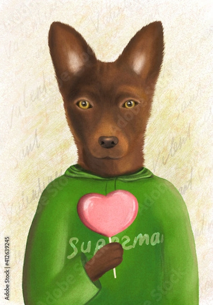 Obraz Portrait of a dog with a heart-shaped candy on a stick