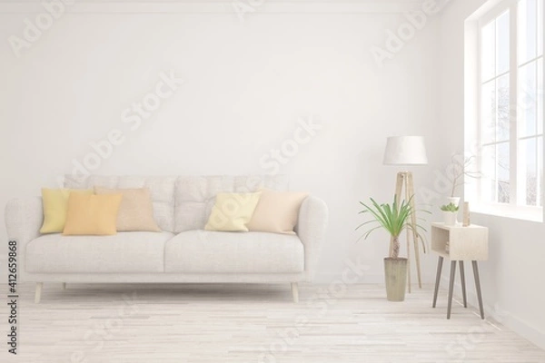 Fototapeta White living room with sofa. Scandinavian interior design. 3D illustration