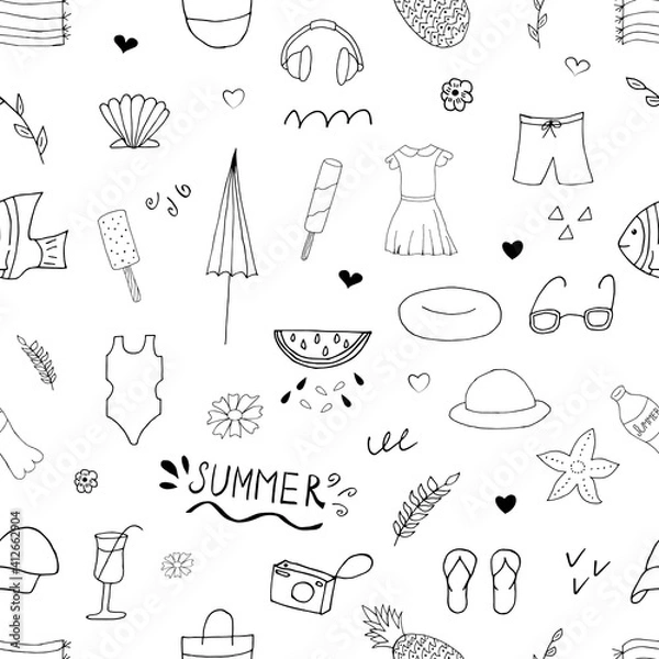 Fototapeta Summer set seamless pattern. Vector illustration with random elements. Design for prints and cards.