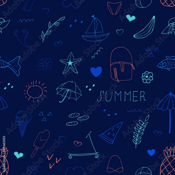 Fototapeta Summer set seamless pattern. Vector illustration with random elements. Design for prints and cards.