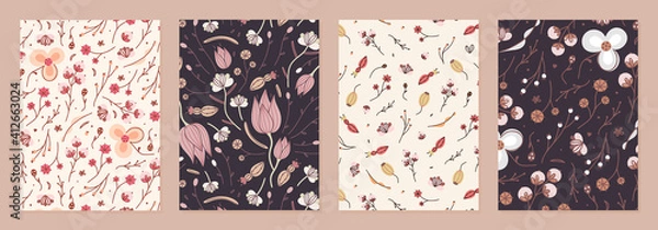Fototapeta Set of cover templates with retro flowers. Brown and nude artistic backgrounds with floral decorations. Designs is for notebook, planner, diary, poster, card. Size A4. Vector illustration