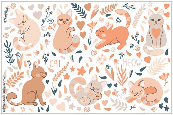 Fototapeta Collection of cute cat in different poses. Funny doodle kitty isolated on white background. Flowers, hearts and stars. Flat cartoon vector illustration.