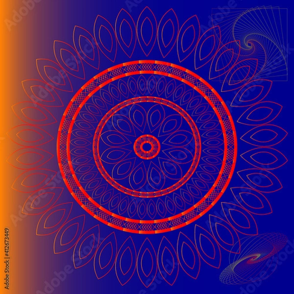 Obraz Gold and Blue Mandala, Dreamy gradient wallpaper with mandala pattern. Vector background Tibetal and Indian take for yoga, meditation poster.