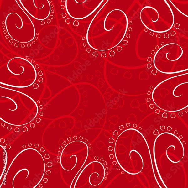 Obraz Abstract lined vector pattern with hearts and curls on red background.Vector illustration.