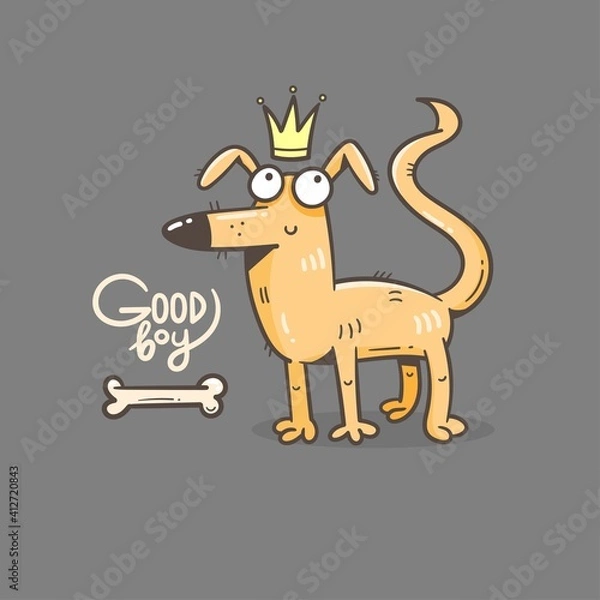 Fototapeta Card with cute cartoon dog. Funny puppy and bone. Good boy. Vector print with joyful animal.