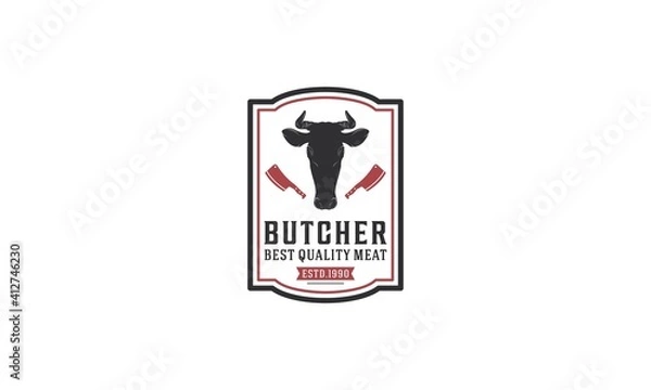 Obraz Vintage Hipster Meat Butcher shop label logo design in white background