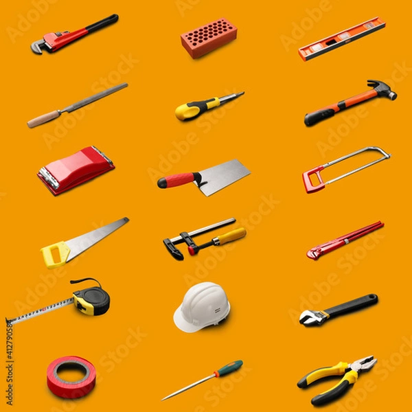 Fototapeta Set of construction tools on color background