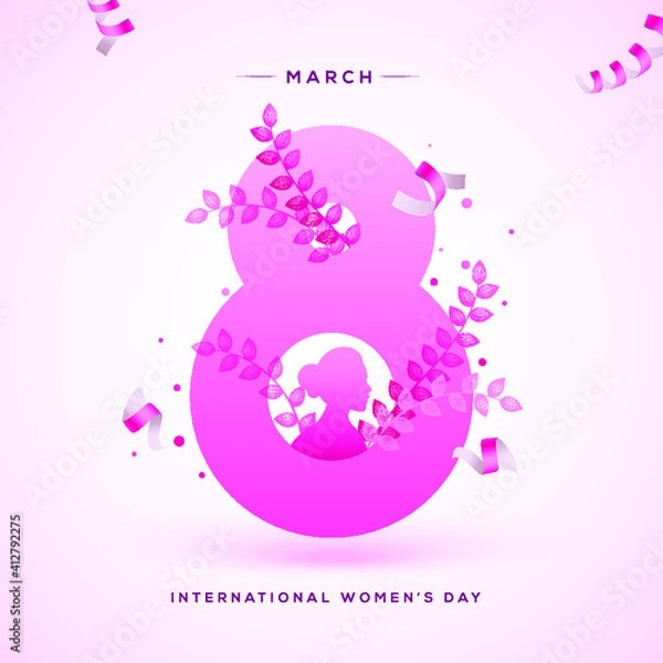 Obraz Happy Women's Day holiday illustration. pink gradient eight with leaves and ribbon. square format design ideal for web banner or greeting card. EPS10 vector.