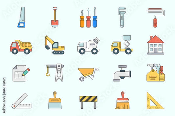 Fototapeta Construction Icons set - Vector color symbols of building, crane, truck, bulldozer, saw, wrench, shovel and other tool for the site or interface