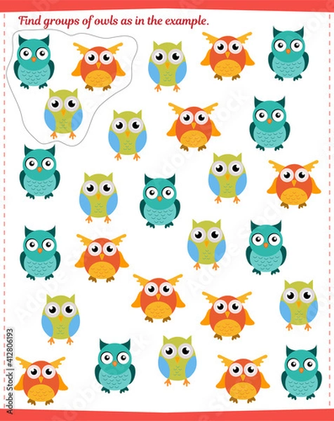 Fototapeta  A game for children. Find all groups of owls and circle them as shown in the sample.