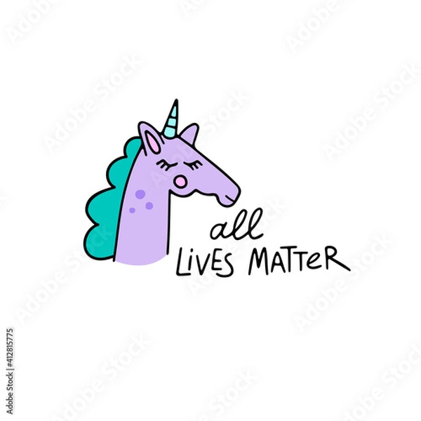 Fototapeta Hand drawn unicorn with lettering. LGBT, all lives matter, free to love, pride month. Tolerance and acceptance of a person for who they are, colorful poster. Vector stock flat illustration
