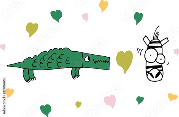 Fototapeta A green crocodile in love with a zebra in a cloud of pink green and yellow hearts on a white background.