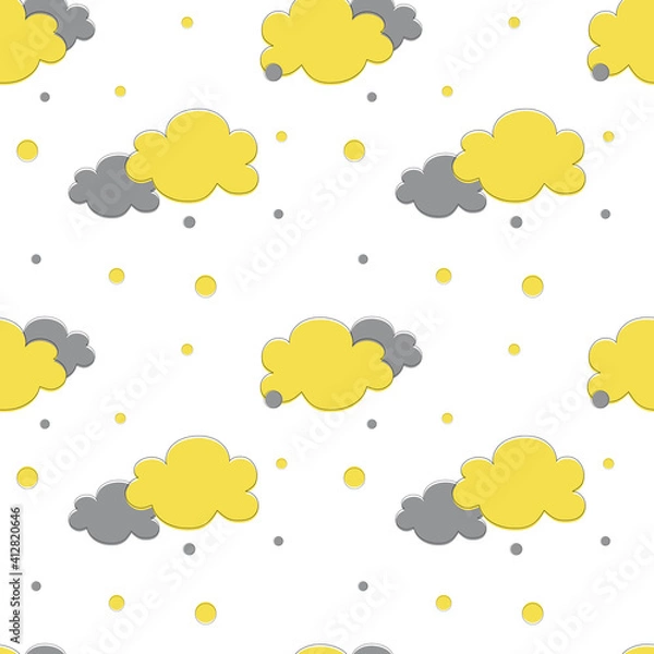 Fototapeta Seamless pattern with yellow and gray clouds. Trending two colors of 2021. Children's illustration with polka dots for printing on fabrics, textiles, bedding, paper. 