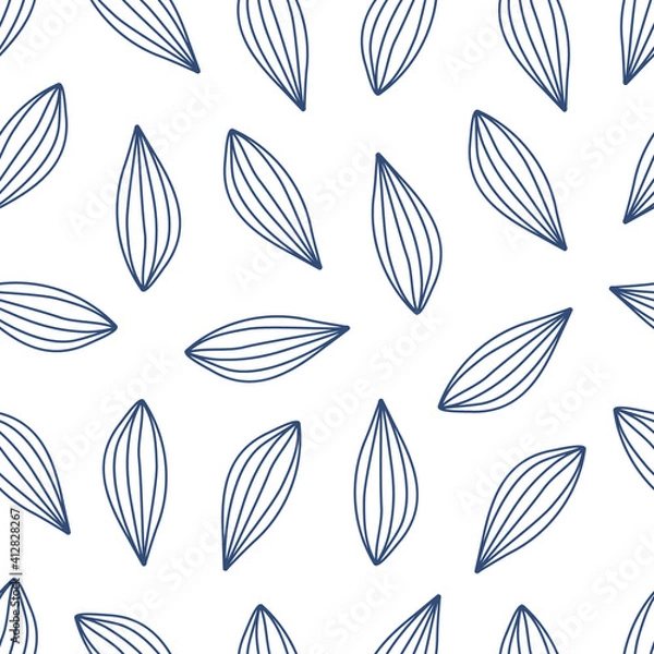 Fototapeta Abstract seamless pattern of leaves in doodle style and ink contour for design of textiles, fabrics, wrappers, etc. Vector illustration blue contour lines on a white background minimalistic  design