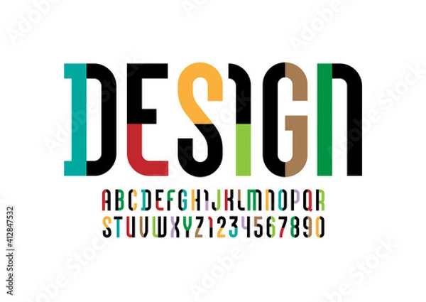 Fototapeta Constructive font, modern alphabet, trendy letters and numbers made of parts, vector illustration 10EPS