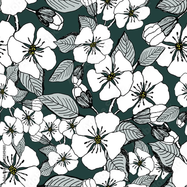 Fototapeta Hand drawn flowering branches on a dark blue background. Vector seamless pattern. Design for wrapping, cloth, paper, print.