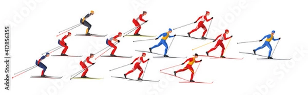Fototapeta Skiers in sportswear are skiing classic style. Athletes participate in winter sports competition. The leader of pelothon tries to win a sprint race.Vector flat design web banner illustration