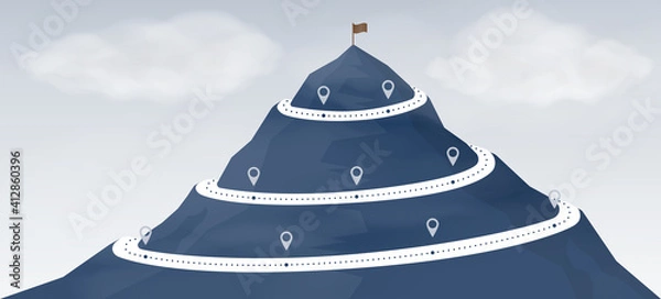 Fototapeta Single mountain peak with cloud and flag. Route climbing to the top of mountain.