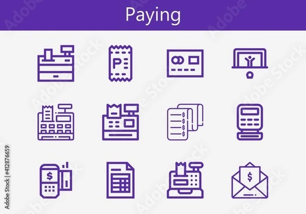 Fototapeta Premium set of paying line icons. Simple paying icon pack. Stroke vector illustration on a white background. Modern outline style icons collection of Invoice, Cash register, Payment terminal, Penalty