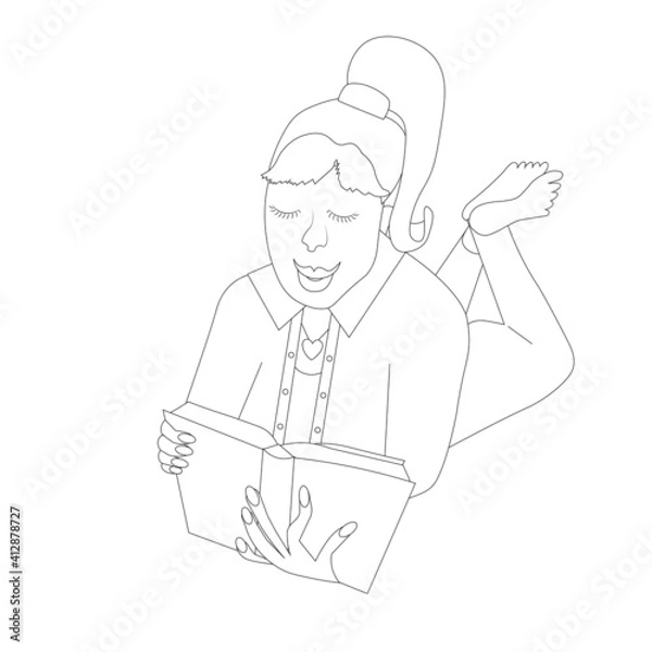 Fototapeta Girl reading a book lying on her stomach monochrome scetch art design element object isolated stock vector illustration for web, for print