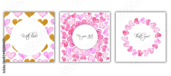 Fototapeta Watercolor illustration. Set of frames with pink and gold hearts. Frames for text, congratulations to the holiday