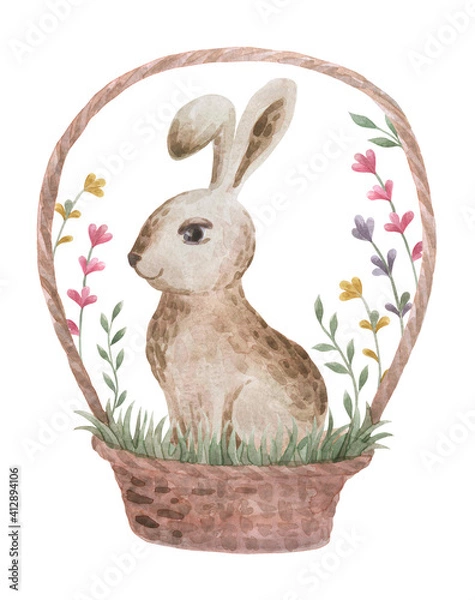 Obraz Illustration of an Easter bunny in a basket with flowers. Watercolor easter bunny illustration. Happy easter bunnies.