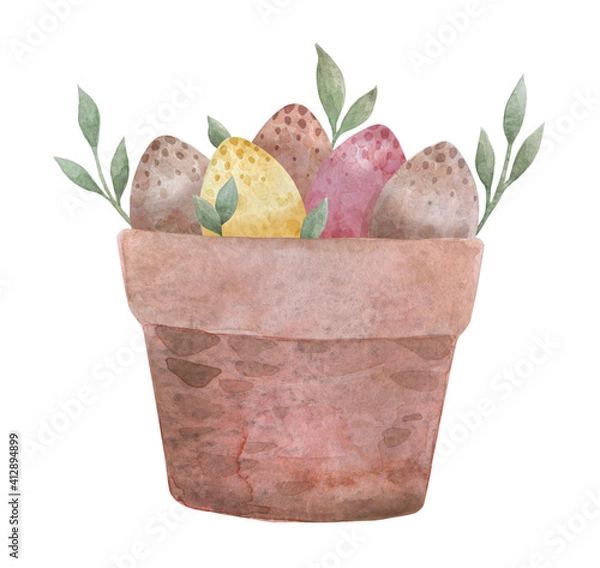 Obraz Easter eggs. Watercolor illustration of eggs in a basket.