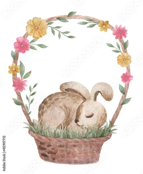 Obraz Illustration of an Easter bunny in a basket with flowers. Watercolor easter bunny illustration. Happy easter bunnies.
