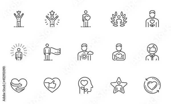 Fototapeta Set of Vector Line Icons Related to Self-esteem. Self-acceptance, Self-respect, Self-development. Editable Stroke. 64x64 Pixel Perfect.