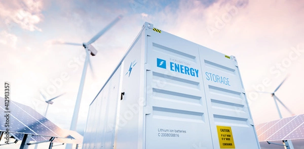 Fototapeta Conceptual image of a modern battery energy storage system with wind turbines and solar panel power plants in background. 3d rendering