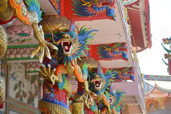 Fototapeta Beautiful Dragon Sculpture in Wihan Thep Sathit Phra Kitthi Chalerm Shrine (Nacha Sa Thai Chue Shrine or Naja Shrine) Bang Sean, Chonburi, Thailand
