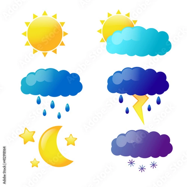 Fototapeta Vector weather icon set. Weather forecast set isolated on white background. illustration of cloud and sun, snow, lightning, Month, stars, thunderstorm 