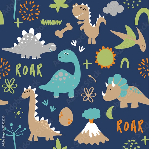 Fototapeta Dino friends. Funny cartoon dinosaurs, bones, and eggs. Cute t rex,  characters. Hand drawn vector doodle set for kids. Good for textiles, nursery, wallpapers, wrapping paper, clothes. Roar words