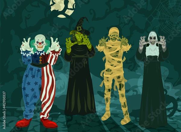 Fototapeta Monsters set Halloween 4 monsters, witch, clown, nun, mummy fog, trees, full moon vector illustration (set 2/2)