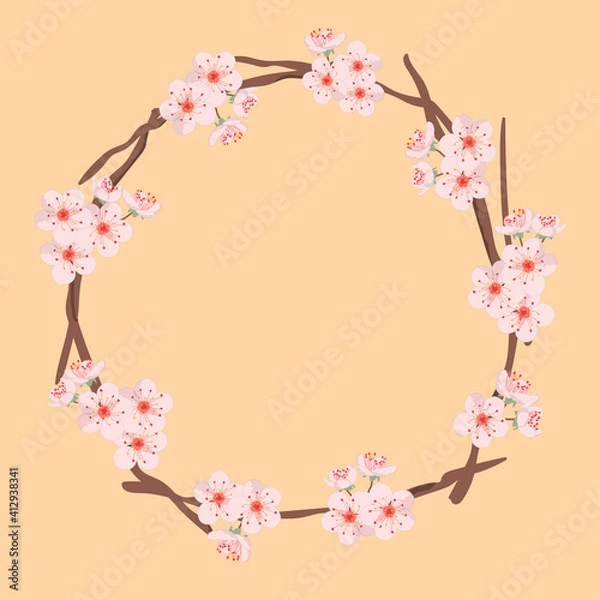 Fototapeta Cherry blossom branches frame. Flowers isolated on a pink background
