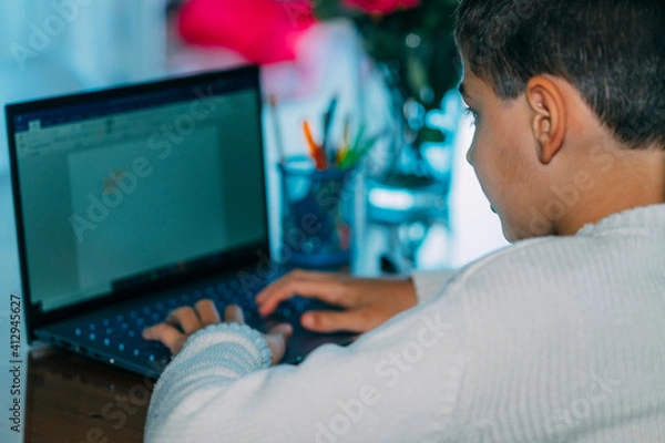 Fototapeta child studies with laptop computer