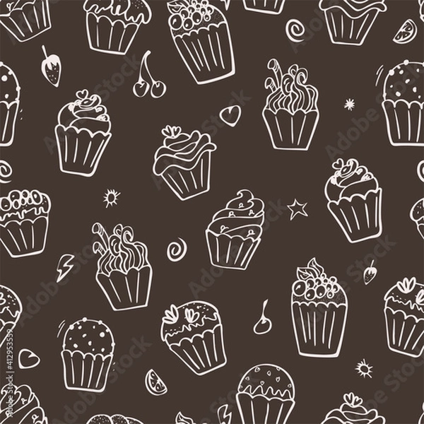 Fototapeta Black and white cupcakes seamless pattern. Hand drawn muffins background. Great for coloring book, wrapping, printing. Vector illustration