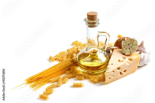 Fototapeta Italian food ingredients for making spaghetti pasta. Raw spaghetti with various ingredients. Isolate on a white background.