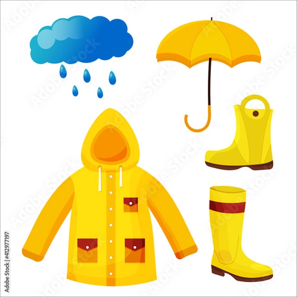Fototapeta Umbrella, Raincoat, rainboots and rain drops. vector eps 10. flat icons set