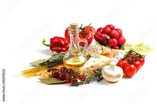 Fototapeta Italian food ingredients for making spaghetti pasta. Raw spaghetti with various ingredients. Isolate on a white background.