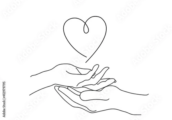 Obraz Outline drawn, hand in hand and heart. The concept of love, unity. Modern vector illustration isolated on white. For Gift Card, stickers, postcard, fabric, t-shirt, posters, gifts, textiles