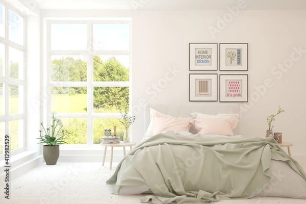 Obraz Stylish bedroom in white color with summer landscape in window. Scandinavian interior design. 3D illustration