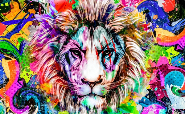 Fototapeta lion head with creative abstract elements on colorful background