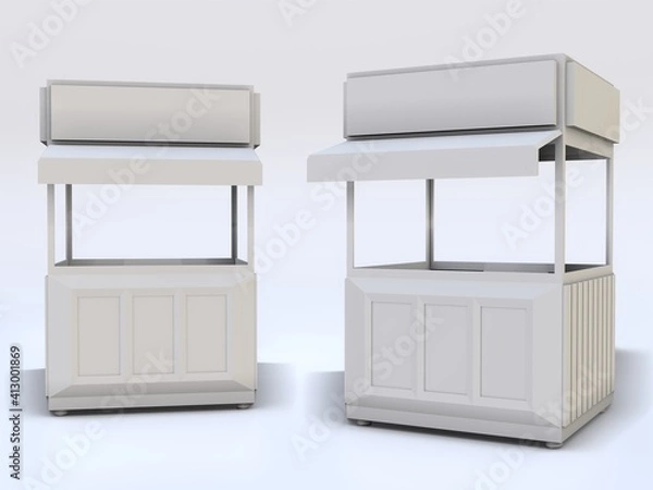 Fototapeta 3D RENDER ILLUSTRATION. Sample idea model hot food and drink booth exhibition counter kiosk. Small business street food stall or Product fair market concept design.